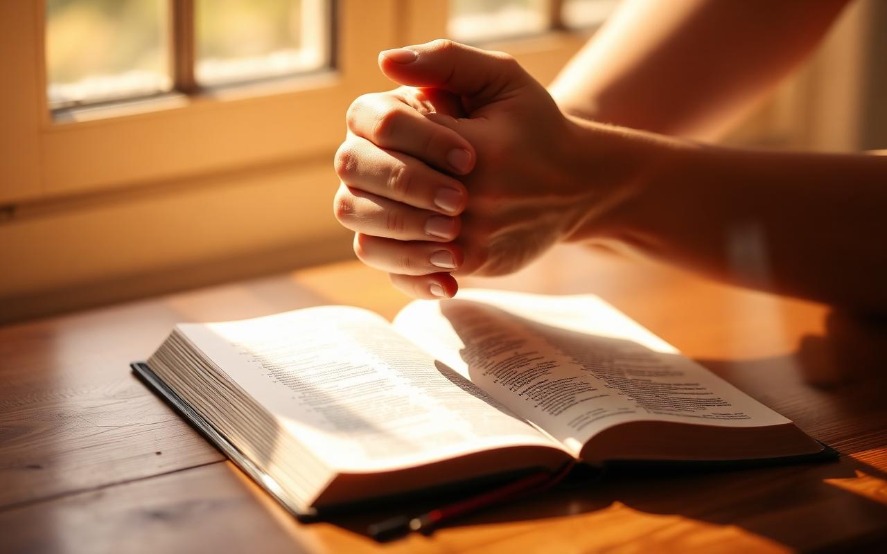Hands clasped in prayer over an open Bible